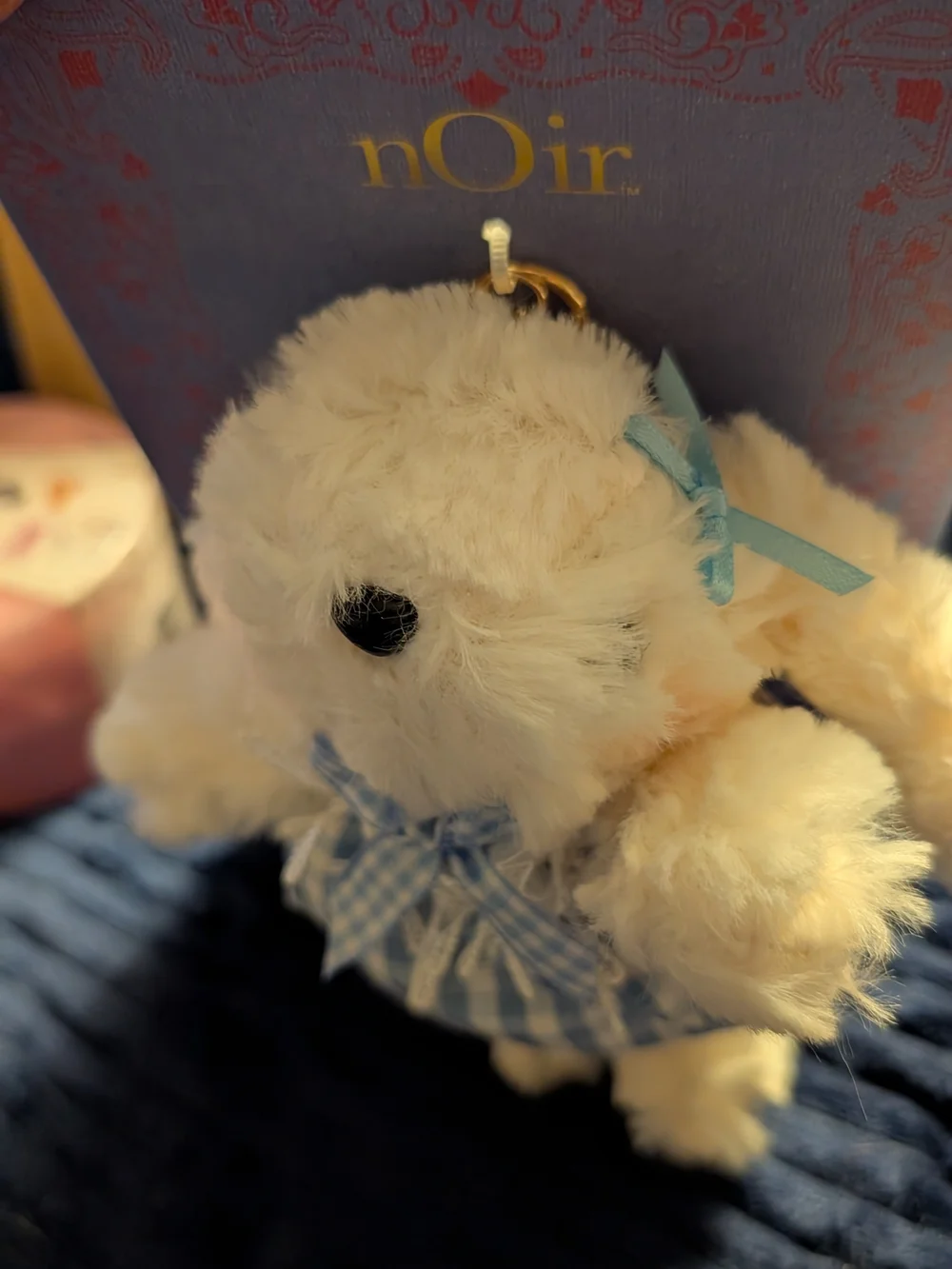 nOir  White Plush Bunny with Blue Gingham Dress